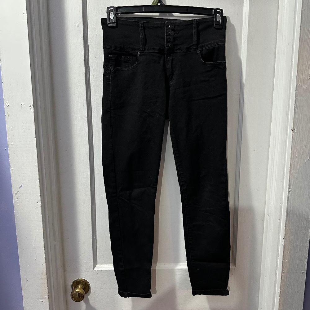 Enjean Skinny Jeans Distressed Button Fly Women’s 7 Juniors Stretch Black 9610